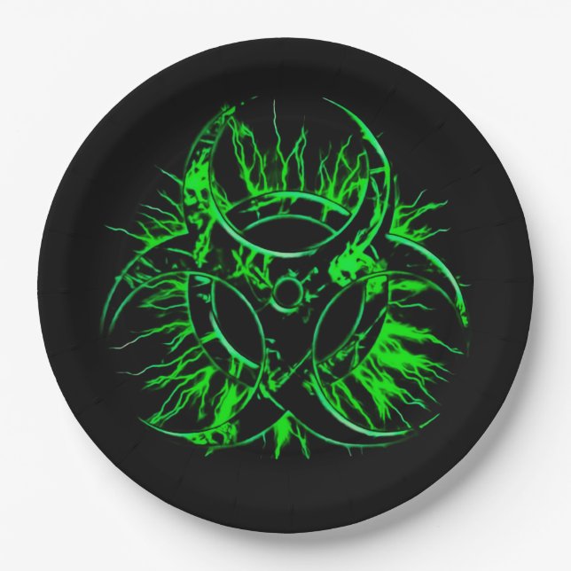 Green on black biohazard toxic warning sign symbol paper plates (Front)