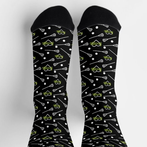 Green on Black Lacrosse Sticks  Hearts Pattern Socks
