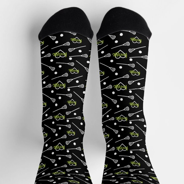 Green on Black Lacrosse Sticks & Hearts Pattern Socks (Top)