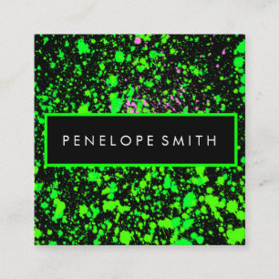 Green on Black Paint Splatter Square Business Card