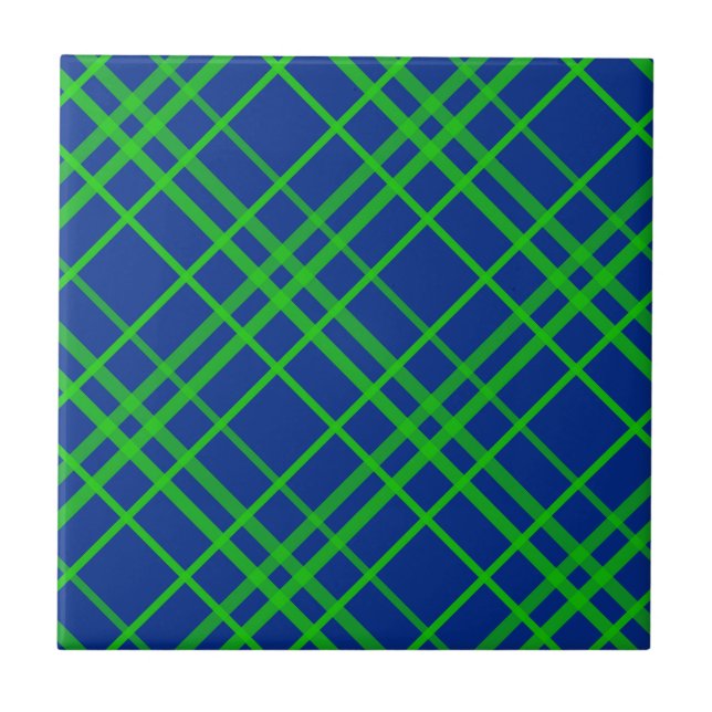 Green On Blue Tartan Plaid Pattern Design  Ceramic Tile (Front)