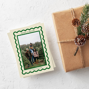 Green on Cream Simple Scallop Photo Frame Holiday Card