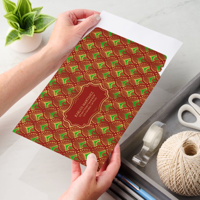 Green on Gold Art Deco Pattern On Red Envelope Mailers (Desk)