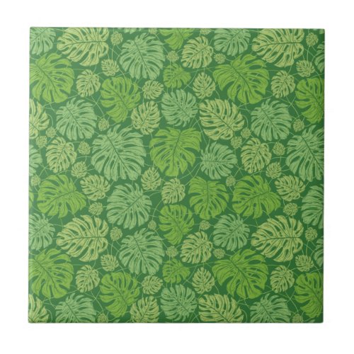 Green on Green Seamless Monstera Leaf Ceramic Tile