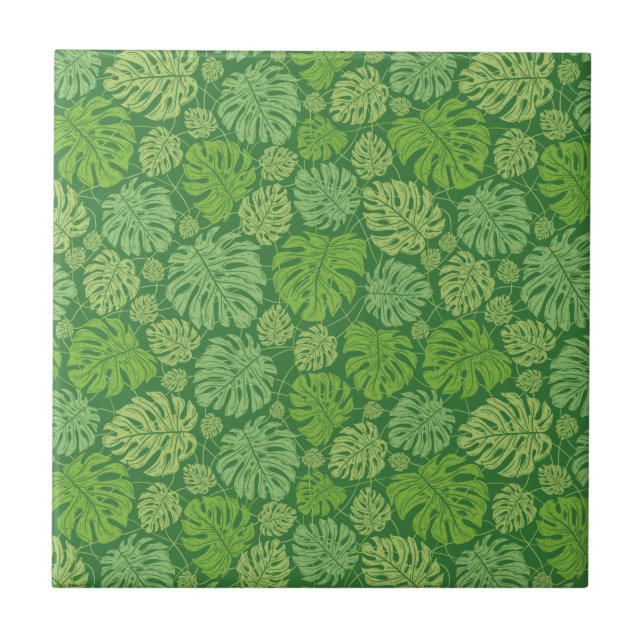 Green on Green Seamless Monstera Leaf Ceramic Tile (Front)