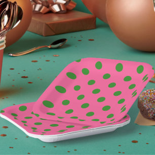 Green On Pink Polka Dots Pattern Design Paper Plates