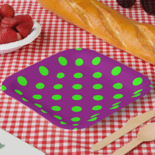 Green On Purple Polka Dots Pattern Design Paper Plates
