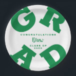 Green on White Customized Bold Grad Paper Plates<br><div class="desc">GRAD in bold green lettering curves around the edges of these graduation party paper plates - available in 2 sizes. Congratulations above the name of your graduate and the Class of below. The perfect addition to your table decor for upcoming grad parties. **TIP: Click on CUSTOMIZE button; click on COLOR...</div>