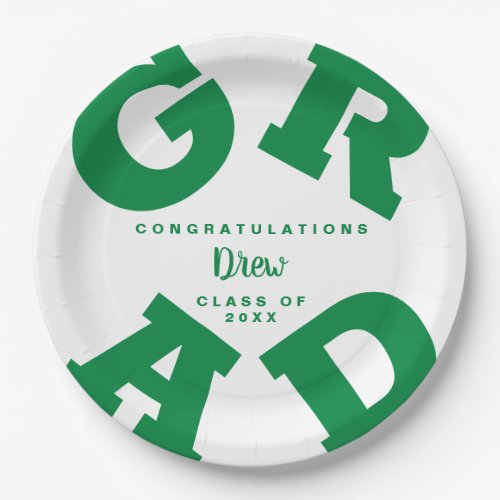 Green on White Customized Bold Grad Paper Plates