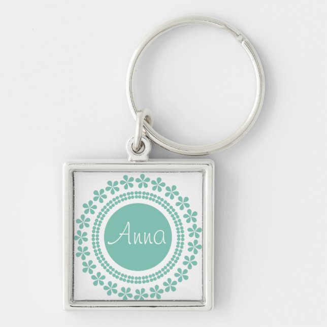 Green on white floral keychain with your name (Front)
