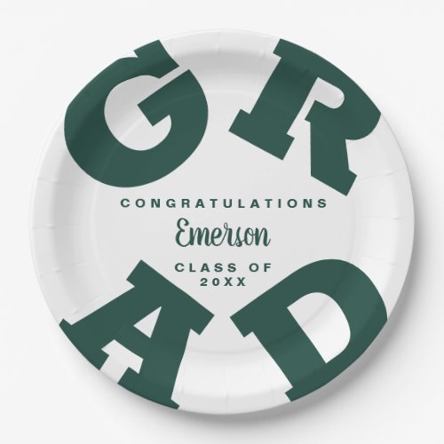 Green on White Personalized Graduation Party Paper Plates