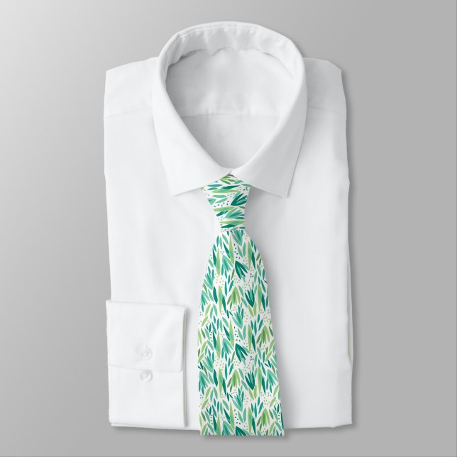 Green On White Tropical Leafs Seamless Pattern Tie (Tied)
