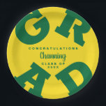 Green on Yellow Grad Text Graduation Paper Plates<br><div class="desc">GRAD in bold green lettering curves around the edges of these neon yellow graduation party paper plates - available in 2 sizes. Congratulations above the name of your graduate and the Class of below. The perfect addition to your table decor for upcoming grad parties. **TIP: Click on CUSTOMIZE button; click...</div>