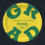 Green on Yellow Grad Text Graduation Paper Plates<br><div class="desc">GRAD in bold green lettering curves around the edges of these neon yellow graduation party paper plates - available in 2 sizes. Congratulations above the name of your graduate and the Class of below. The perfect addition to your table decor for upcoming grad parties. **TIP: Click on CUSTOMIZE button; click...</div>