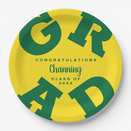 Green on Yellow Grad Text Graduation Paper Plates