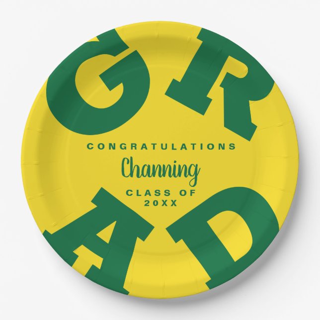 Green on Yellow Grad Text Graduation Paper Plates (Front)