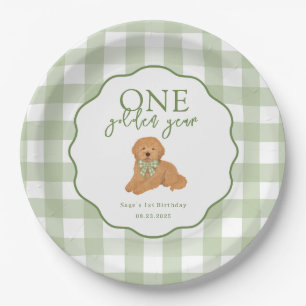 Green One Golden Year Goldendoodle 1st Birthday Paper Plates
