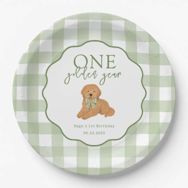 Green One Golden Year Goldendoodle 1st Birthday Paper Plates (Front)
