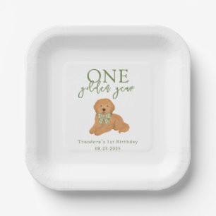 Green One Golden Year Goldendoodle Birthday Paper Plates