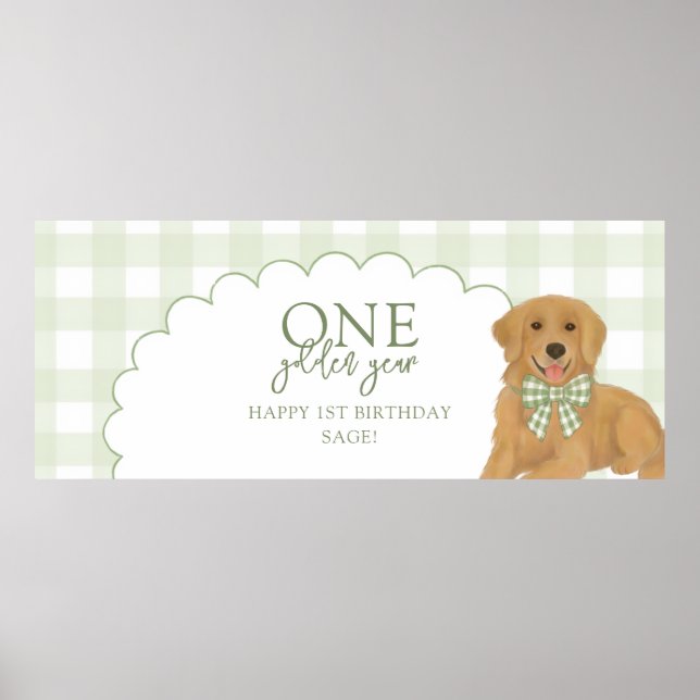 Green One Golden Year Retriever Puppy 1st Birthday Poster (Front)