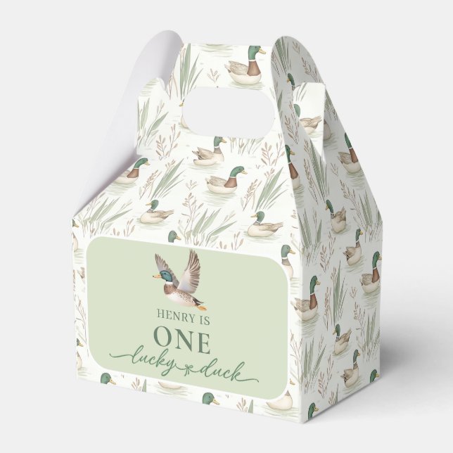 Green One Lucky Duck 1st Birthday Favor Box (Front Side)