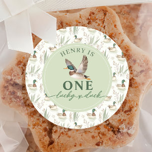 Green One Lucky Duck 1st Birthday Sticker