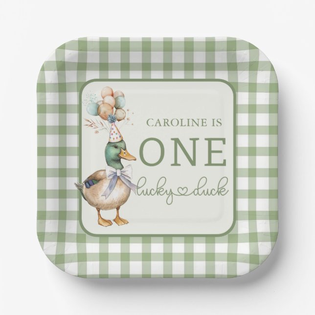 Green One Lucky Duck Balloon 1st Birthday Paper Plates (Front)