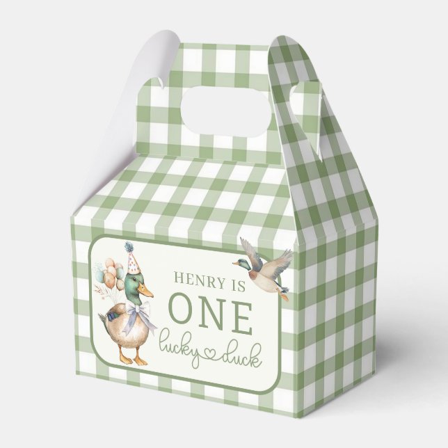 Green One Lucky Duck Balloon Birthday Favor Box (Front Side)