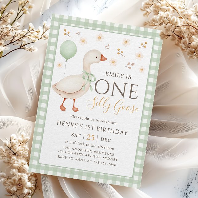 Green One Silly Goose 1st Birthday Invitation (Creator Uploaded)