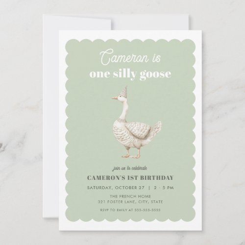 Green One Silly Goose 1st Birthday Invitation