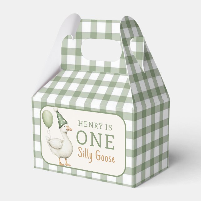 Green One Silly Goose Balloon Birthday Favor Box (Front Side)