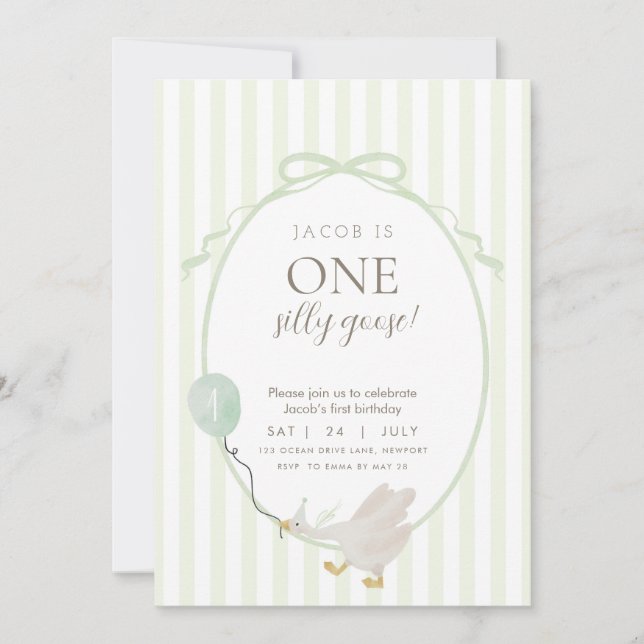 Green One Silly Goose First Birthday Invitation  (Front)