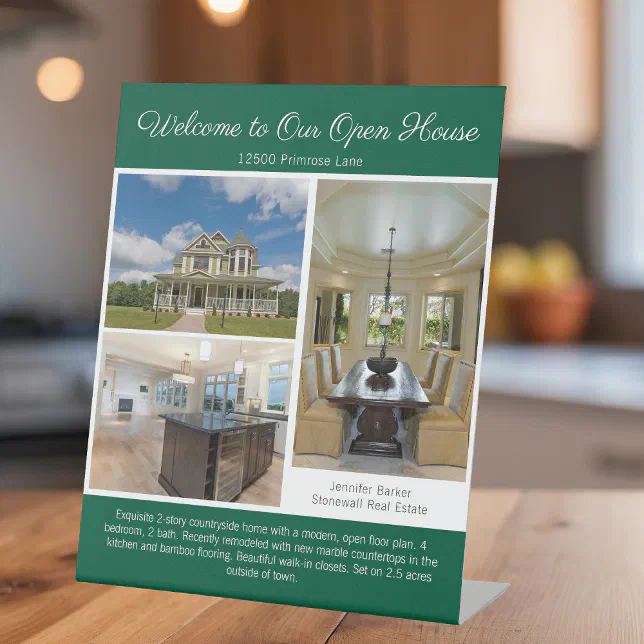 Green Open House Real Estate Listing Photo Pedestal Sign | Zazzle