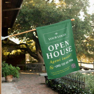 Green Open House Realtor Phone Logo QR Code House Flag