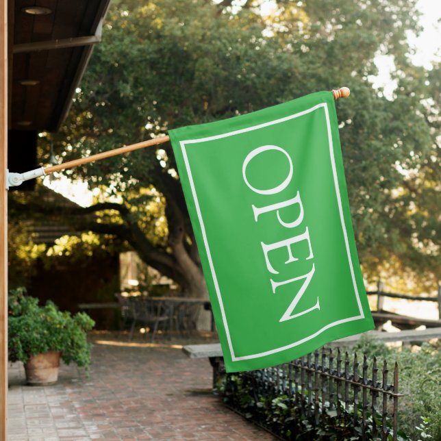 GREEN Open Sign Modern Minimal Small Business Flag (In SItu)