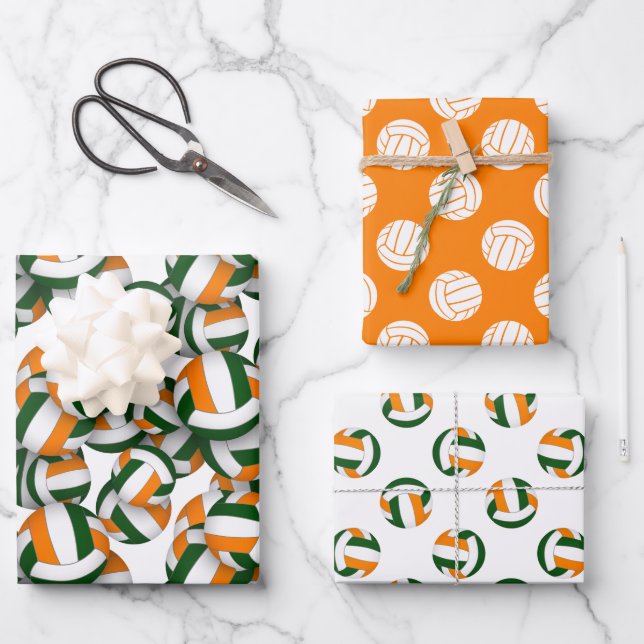 green orange 3 pc coordinating volleyball patterns wrapping paper sheets (Front)