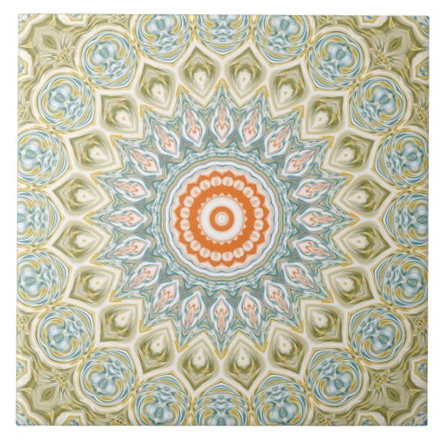 Green Orange and Blue Mandala Design Kaleidoscope Ceramic Tile