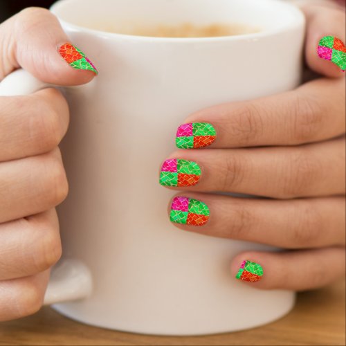 Green Orange and Pink Mosaic Nail Art