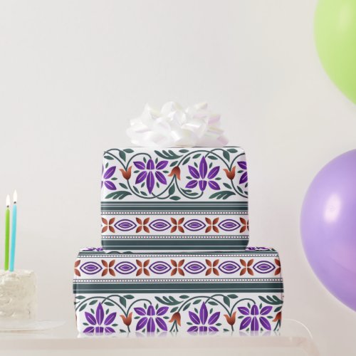 Green Orange and Purple Indian Floral Pattern Wrapping Paper