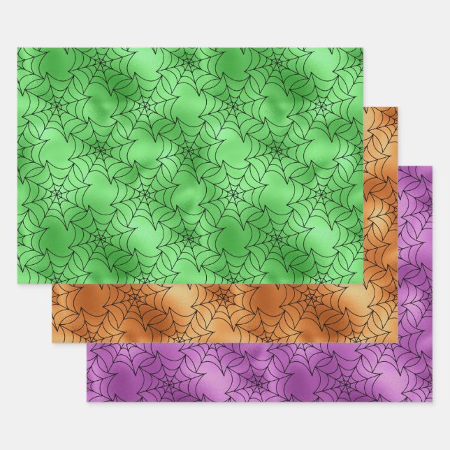 Green, Orange, and Purple Spider Web Patterns Wrapping Paper Sheets (Set)