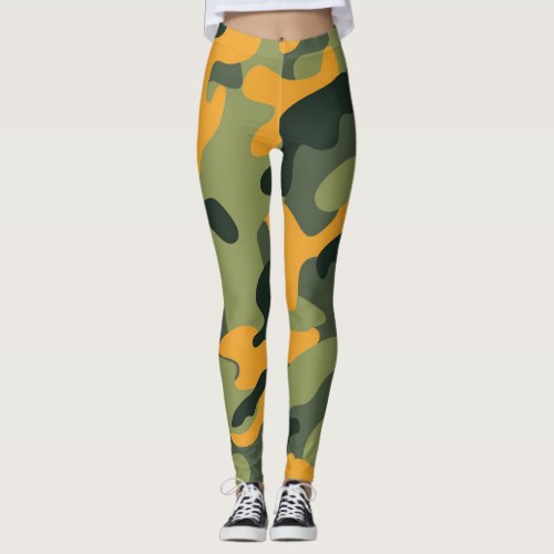 Green & Orange Army Camo Camouflage Leggings