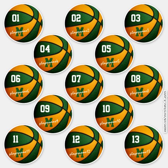 Green orange basketball team colors set of 13 personalized stickers