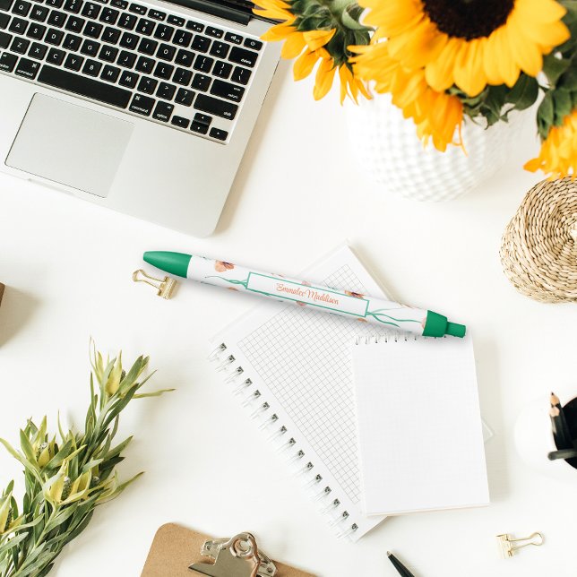 Green Orange Bohemian Floral Ditsy Monogrammed Pen (Creator Uploaded)