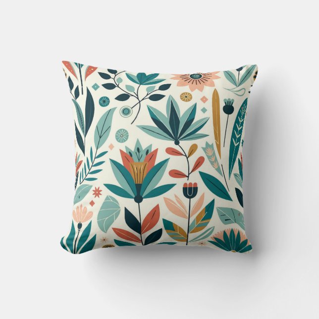 Green Orange Bold Modern Floral Print Pattern Throw Pillow (Front)