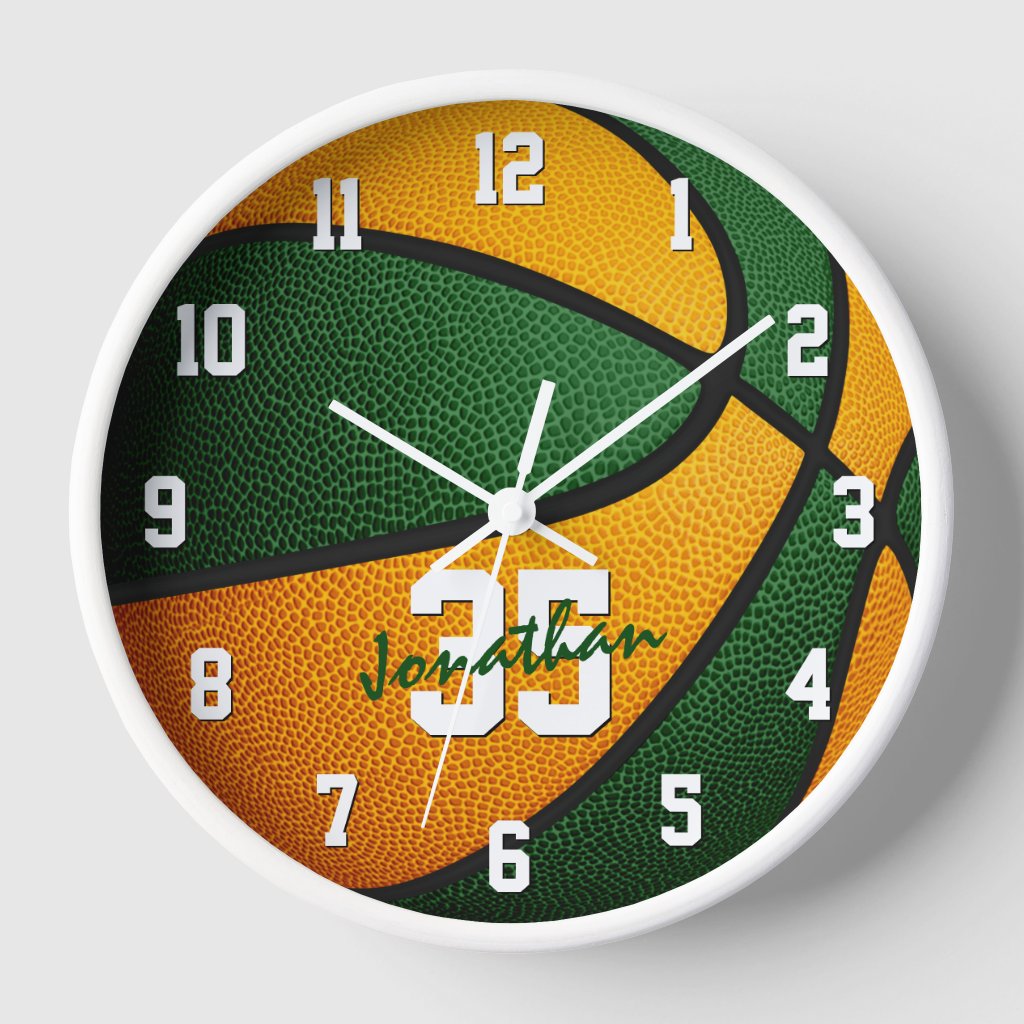 green orange boys girls basketball personalized round clock
