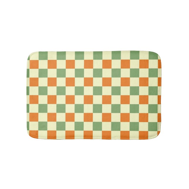 Green Orange Brown Checkered Gingham Pattern Bath Mat (Front)