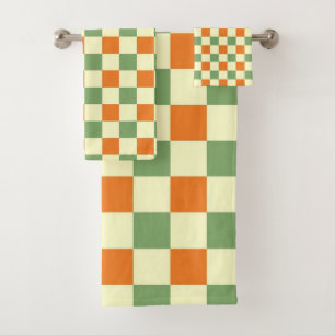 Green Orange Brown Checkered Gingham Pattern Bath Towel Set
