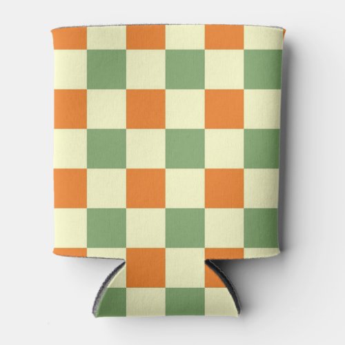 Green Orange Brown Checkered Gingham Pattern Can Cooler