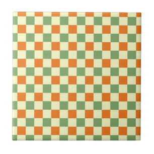 Green Orange Brown Checkered Gingham Pattern Ceramic Tile