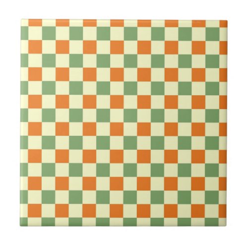 Green Orange Brown Checkered Gingham Pattern Ceramic Tile
